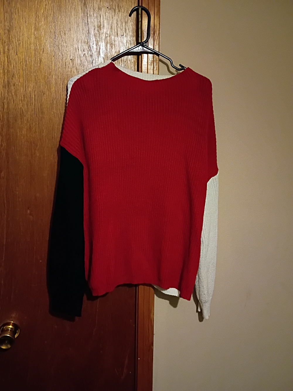 Colorblock Crewneck Sweater - Red with Black & White Sleeves